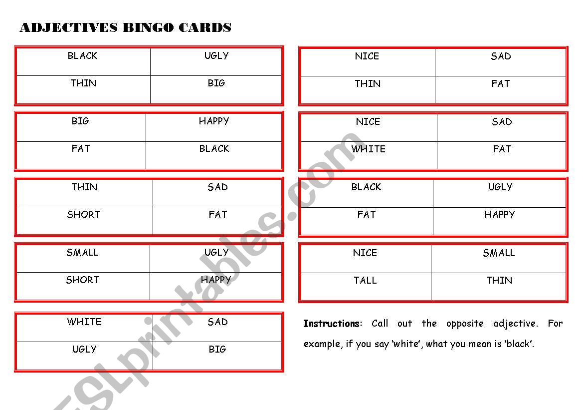 Adjectives bingo cards worksheet