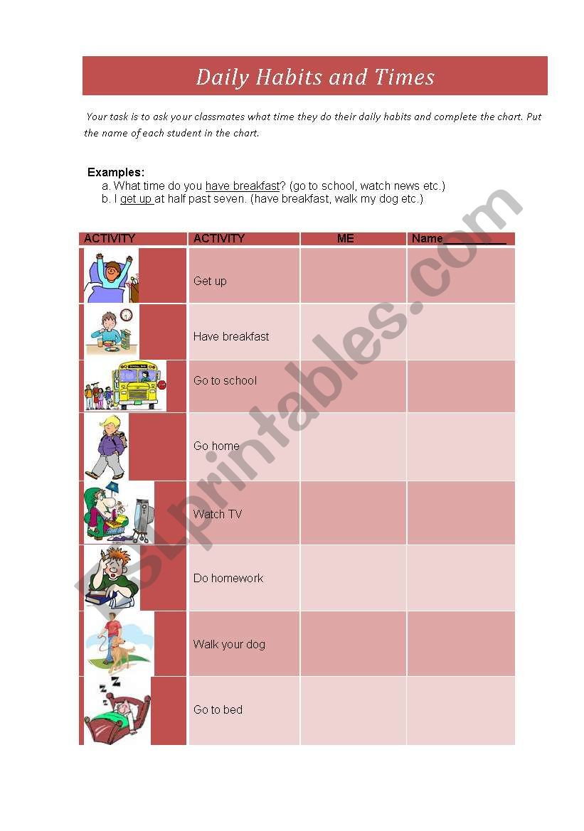 daily activities worksheet