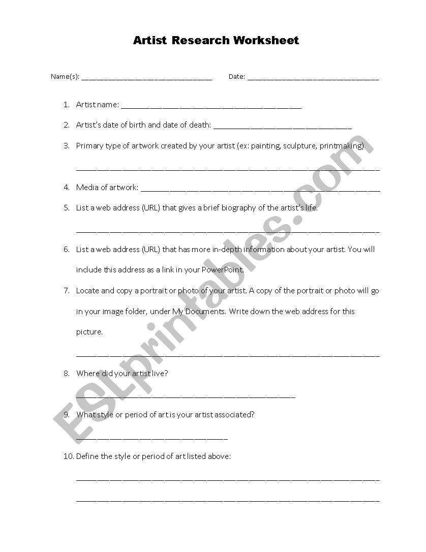 Artist Research Worksheet worksheet