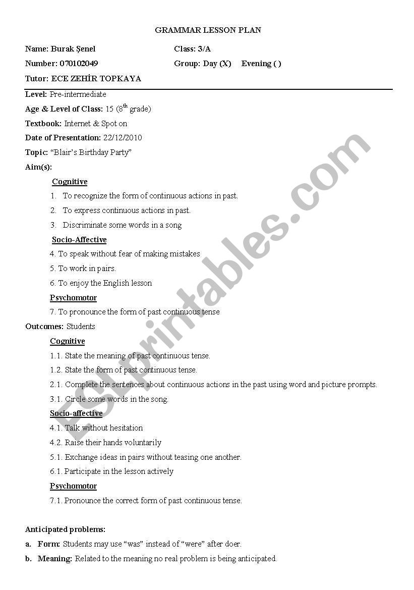 English Worksheets Past Continuous Tense Lesson Plan