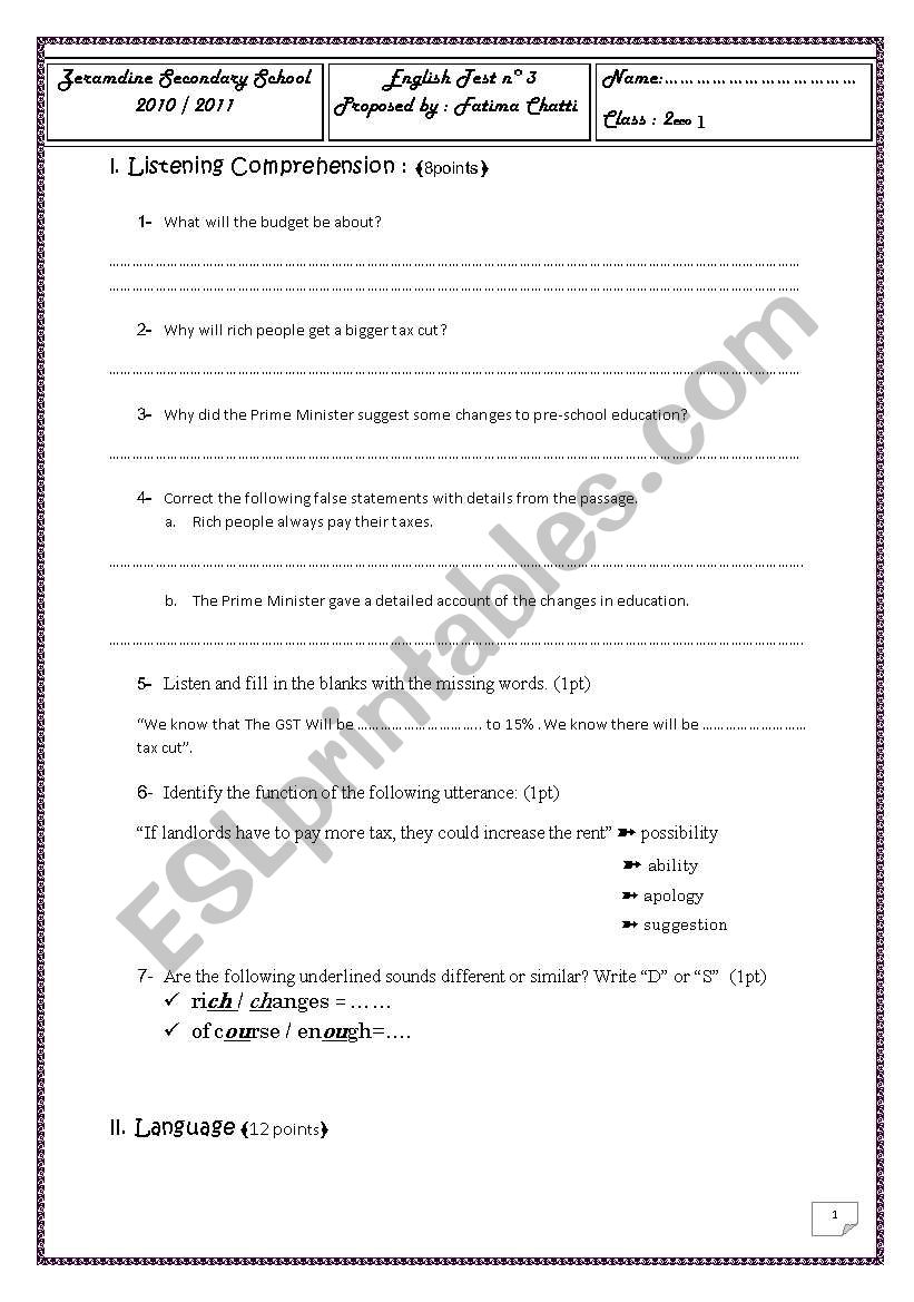 english test for tunisians pupils 2nd level eco