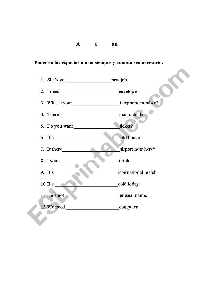 A o an worksheet