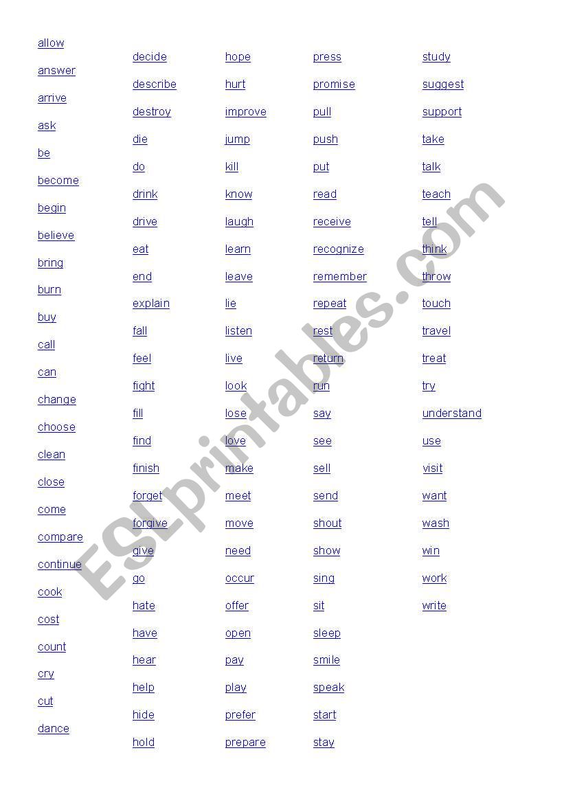 Irregular verbs list worksheet