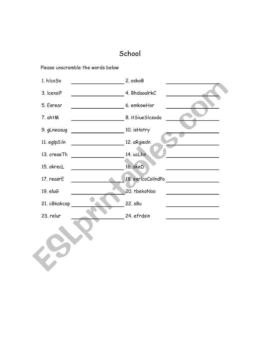 school word scramble worksheet