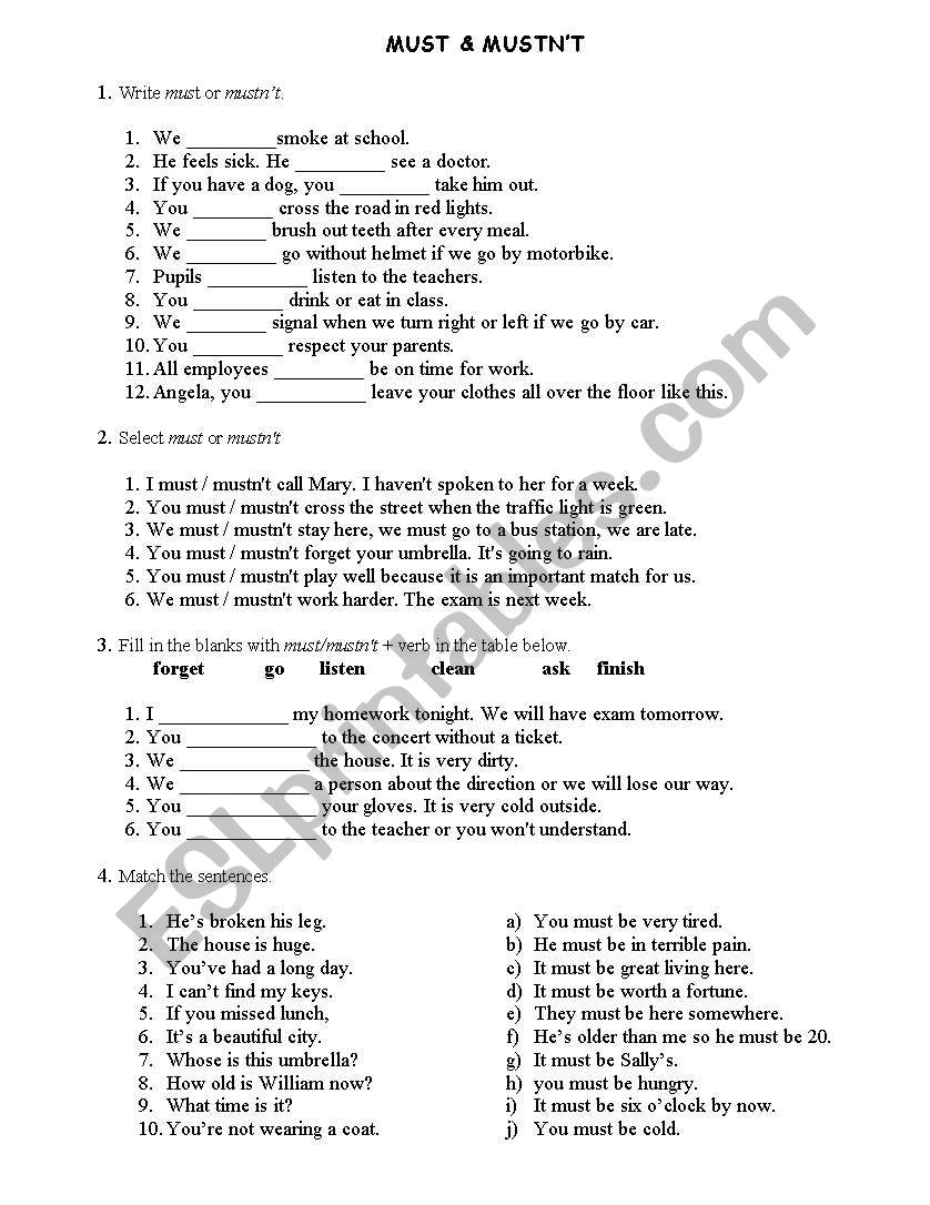 Must & Mustnt worksheet