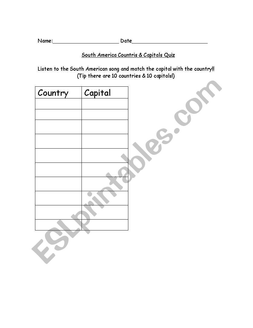 South American Capitals Quiz worksheet