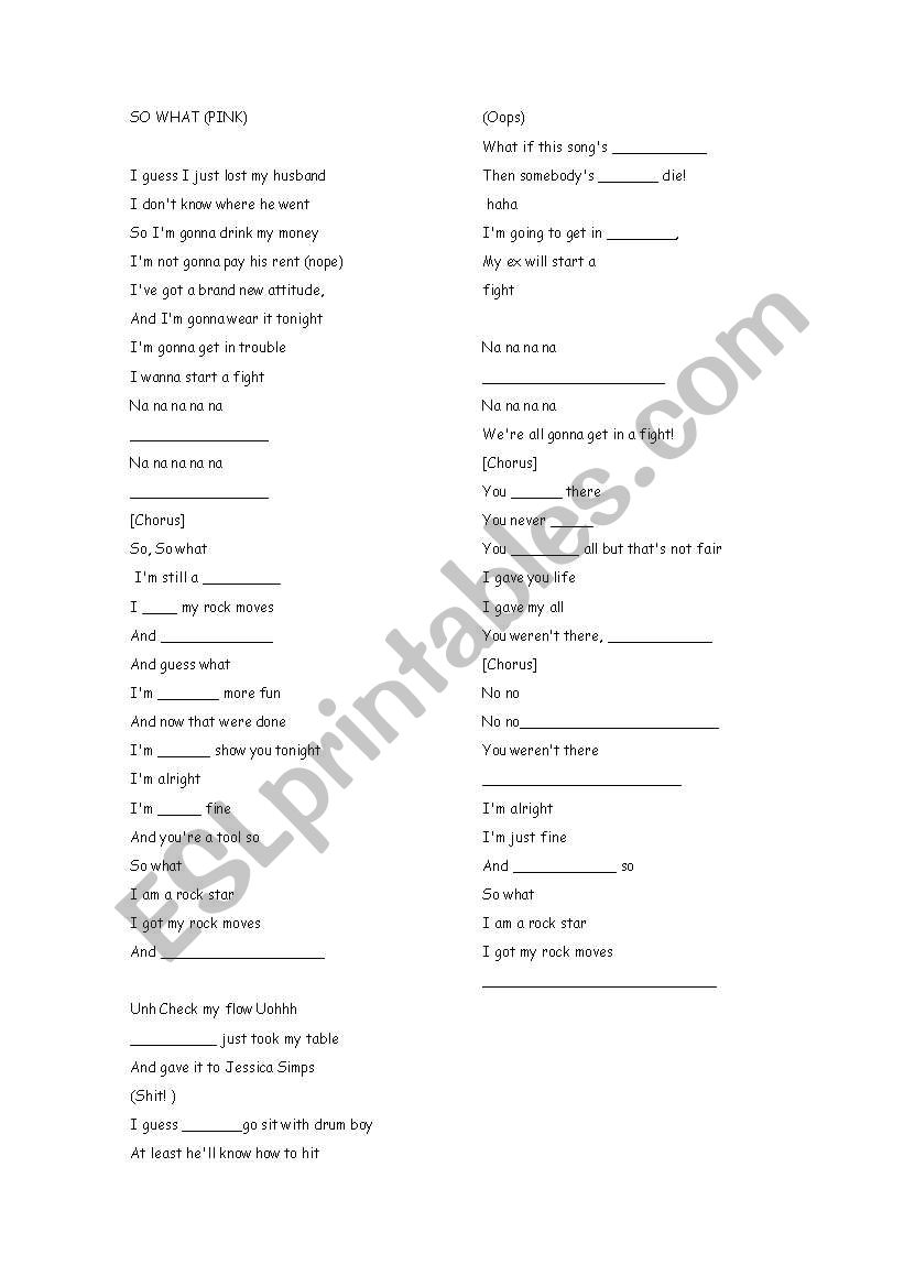 English Worksheets So What Pink Song