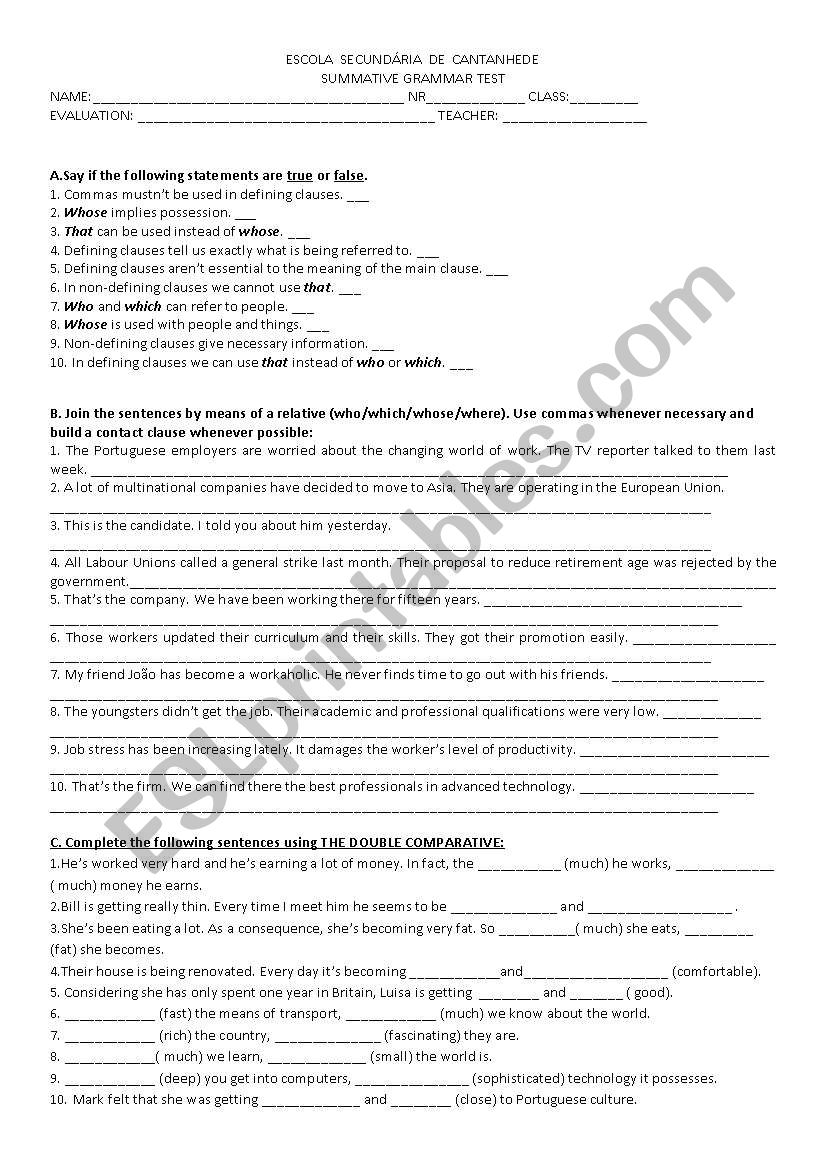 Relative pronouns / sentences worksheet