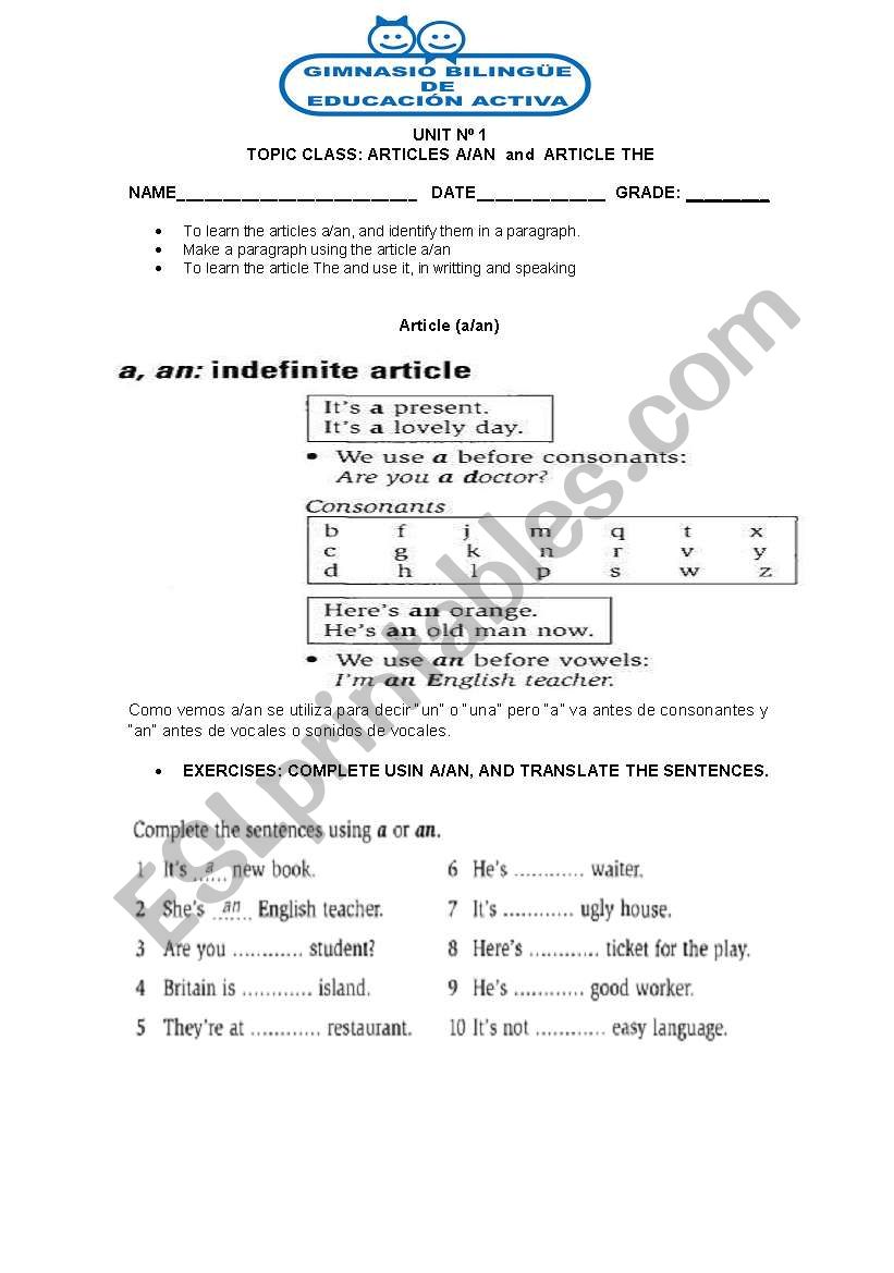 ARTICLE A / AN worksheet