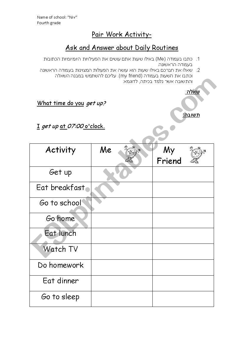 Daily Routines- Pair Work Activity - ESL worksheet by avital