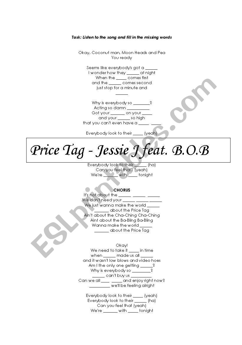 Jessie J - Price Tag Song worksheet