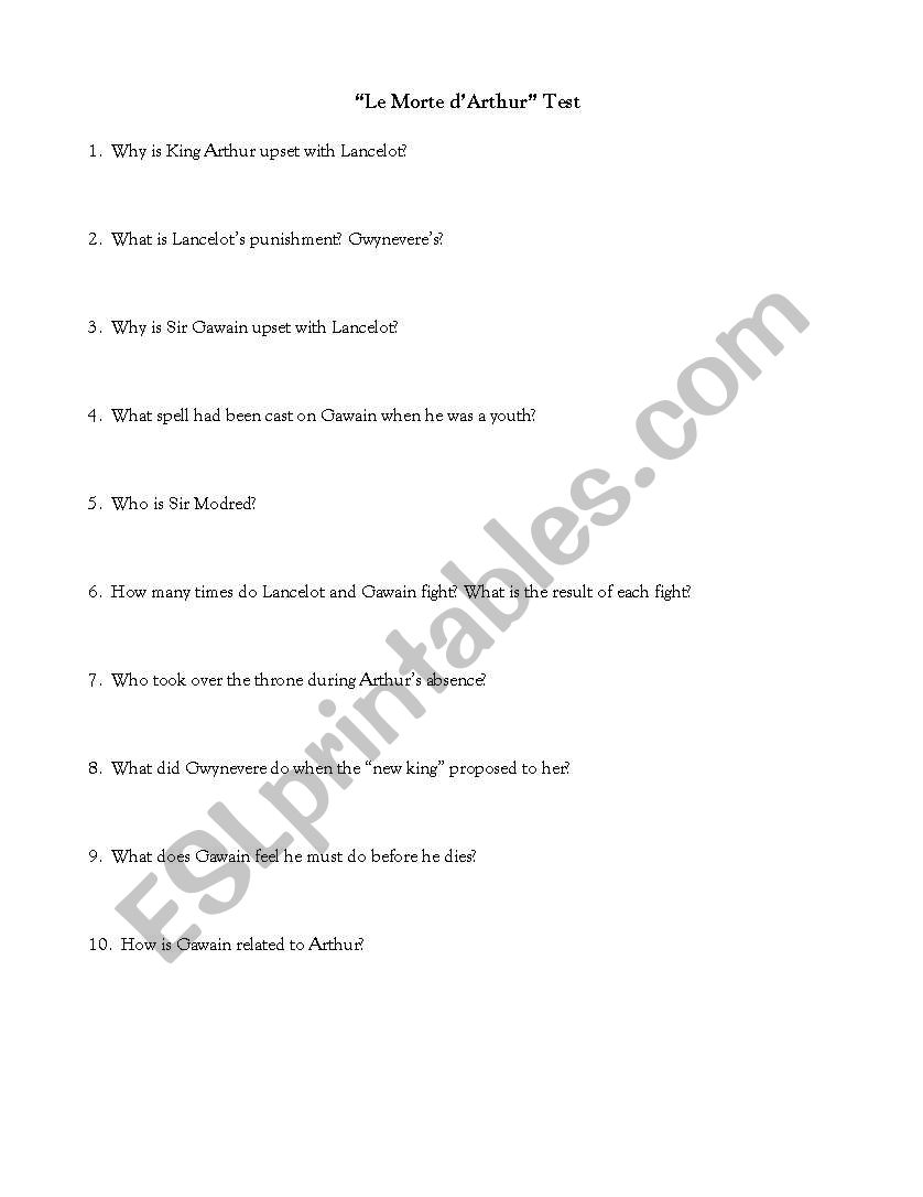 English Worksheets: Le Morte D´Arthur Worksheet/Test