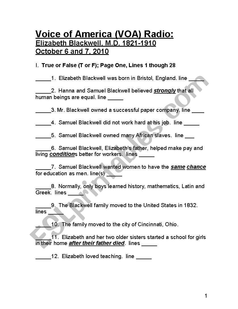 Lesson:  Elizabeth Blackwell, MD Adapted from Voice of America Radio Program