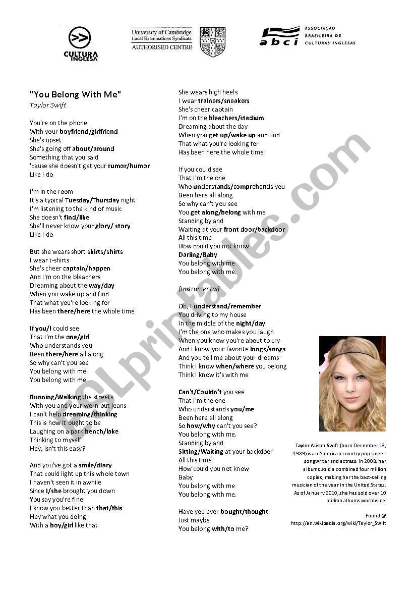 Taylor Swift – You Belong With Me Lyrics