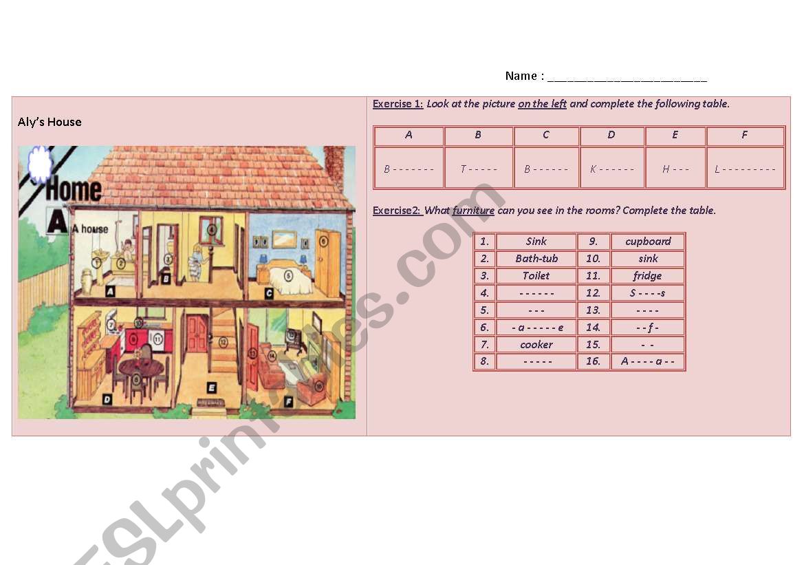 Alys House worksheet