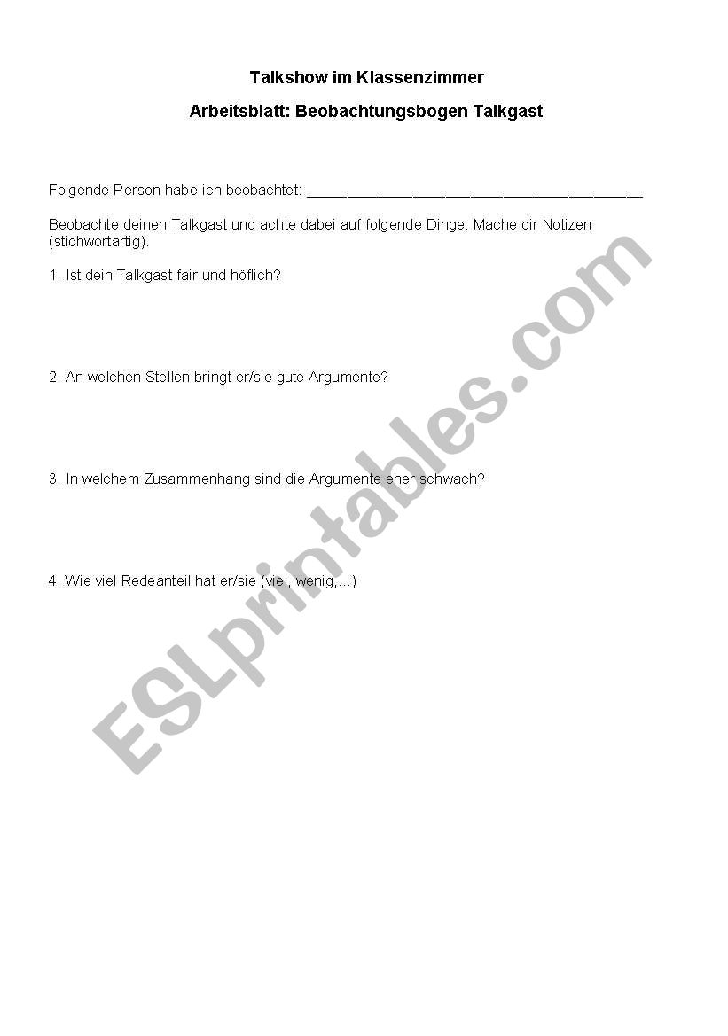 Talkshow in the classroom worksheet