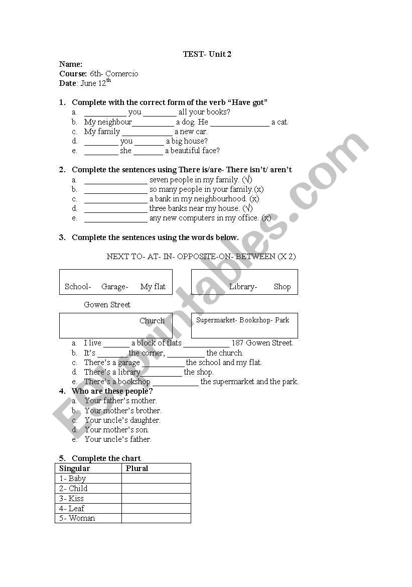 Test:Unit 2 -Whats up? 1 worksheet