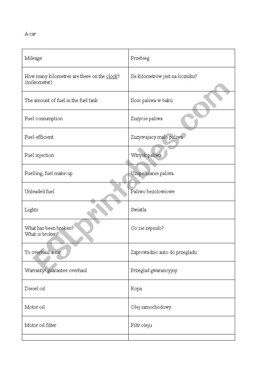 the car worksheet