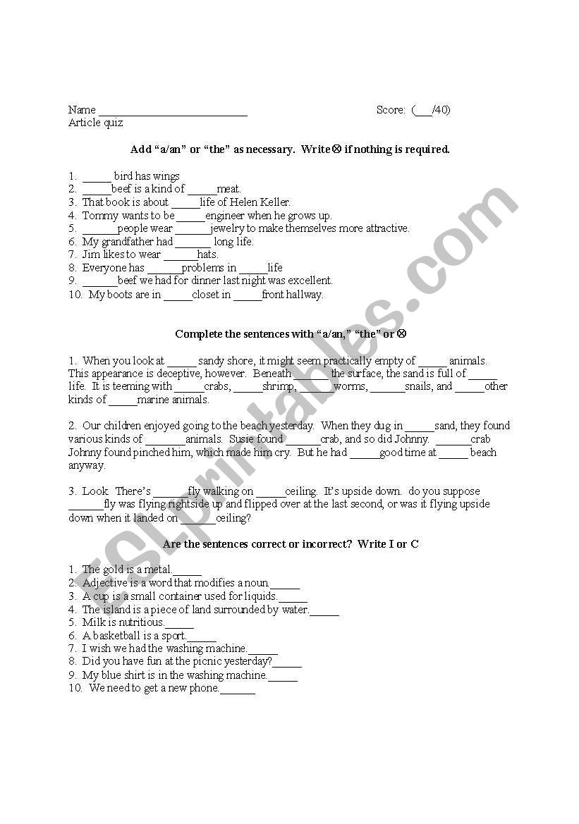 Article Quiz worksheet