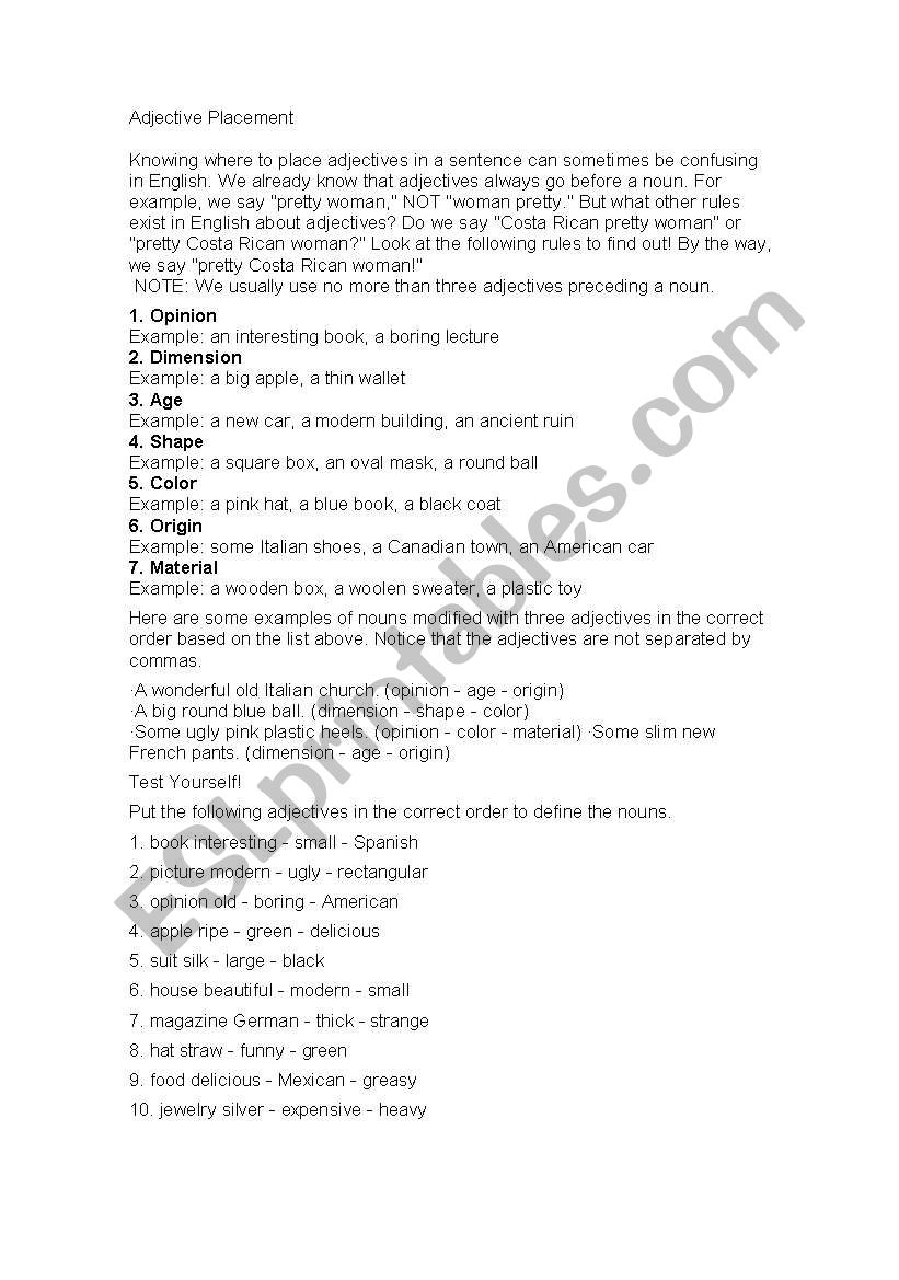 Adjecives Placement worksheet