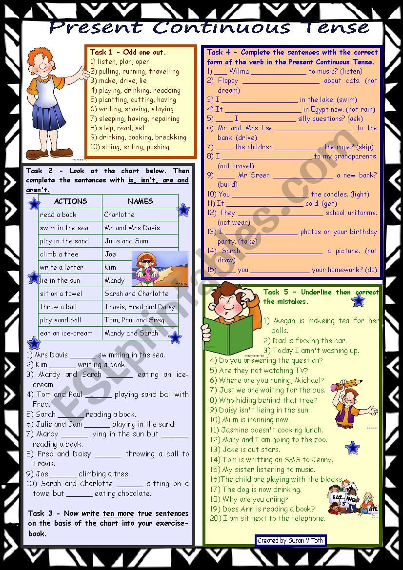 Present Continuous Tense *** 2 pages *** 8 tasks *** with KEY *** fully editable