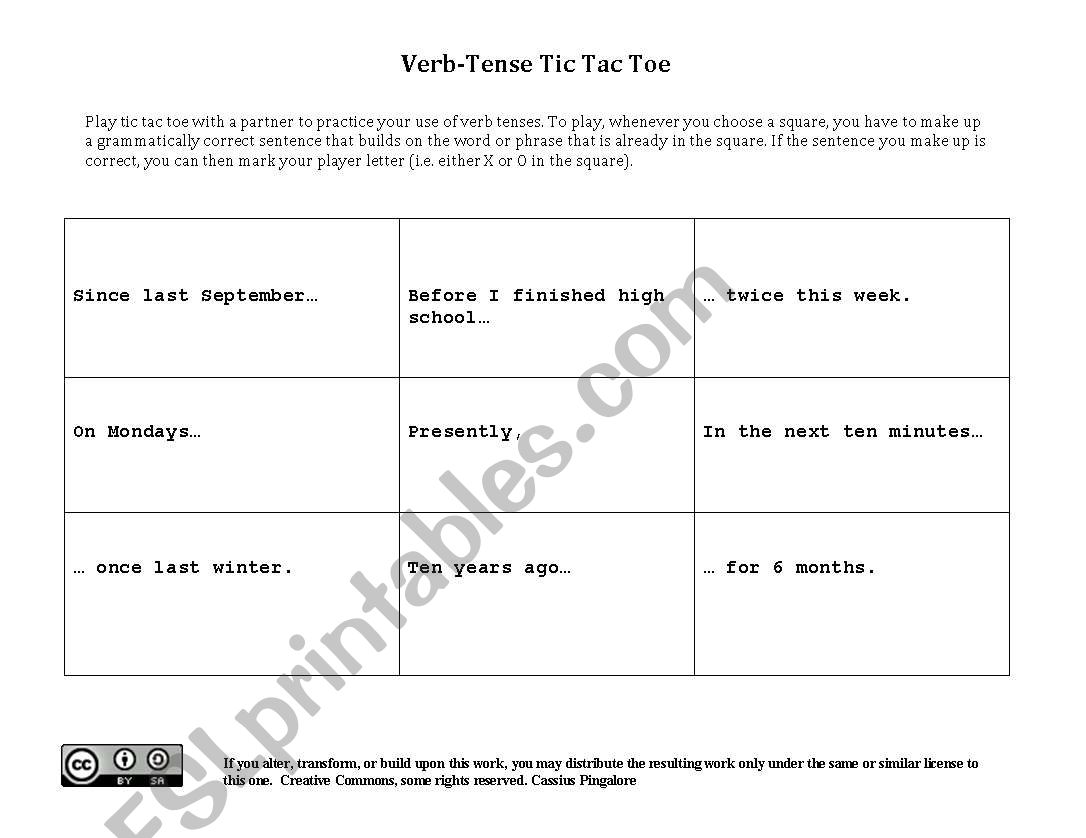 Verb-Tense Tic Tac Toe worksheet