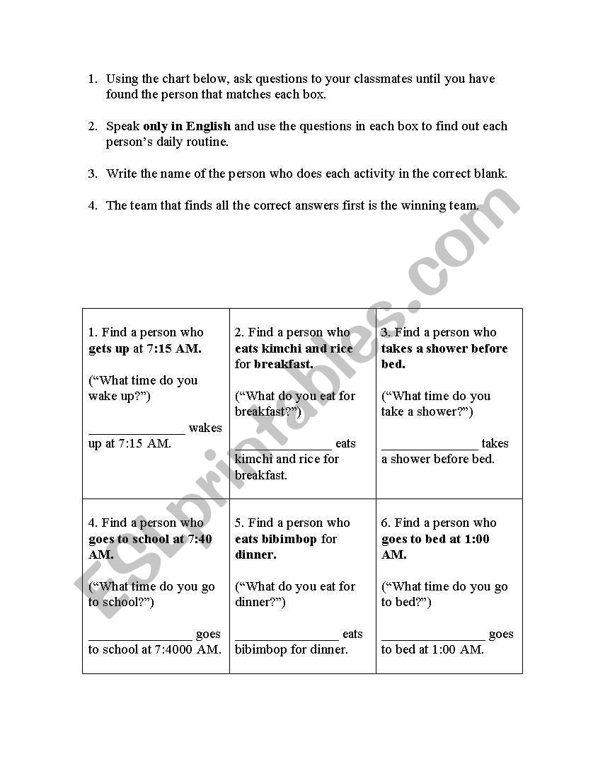 Daily Routine Interview Sheet worksheet