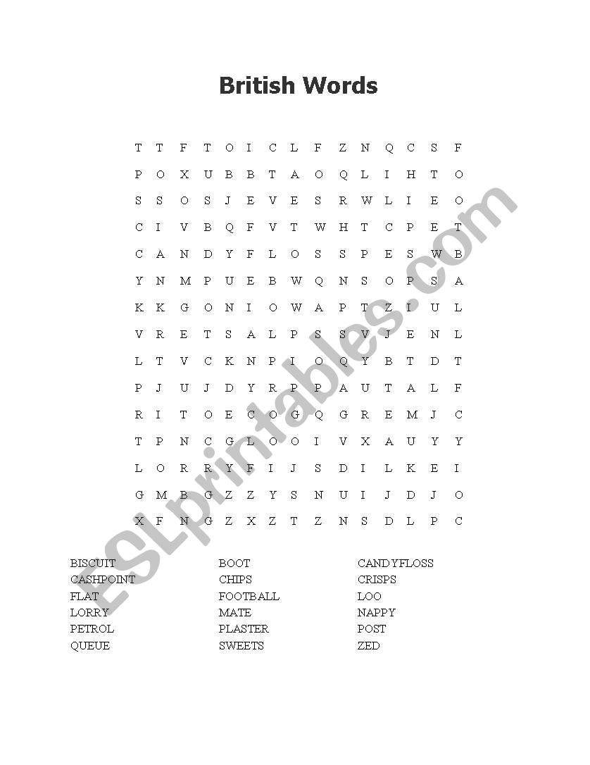 Crossword for British-English words that differ from American-English words