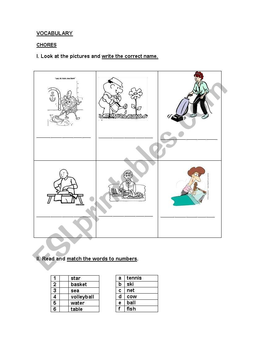 WORKSHEET ON CHORES AND PREPOSITION