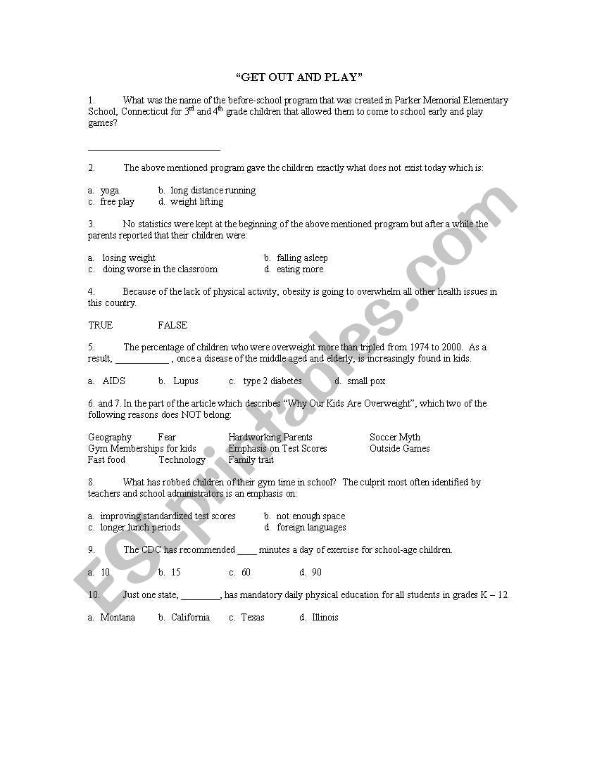 Get Out and Play test worksheet
