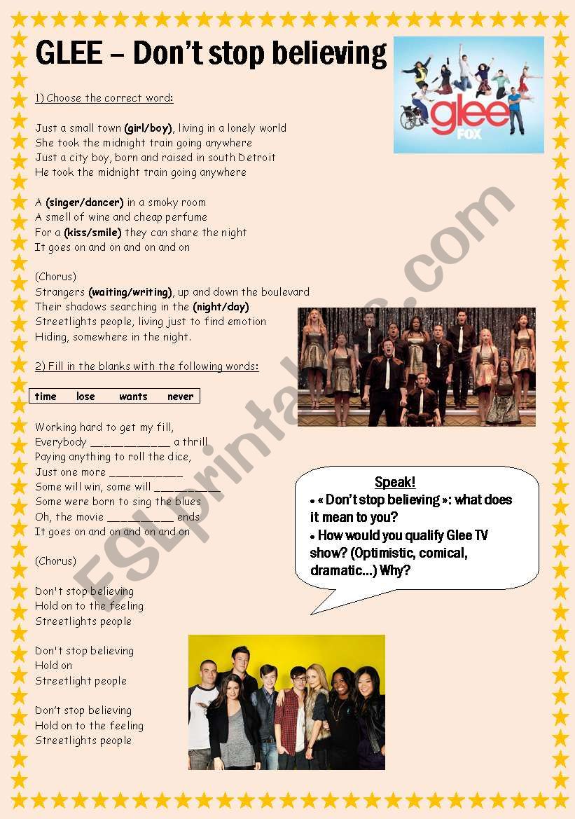 Glee Don T Stop Believing Esl Worksheet By Preciouslilly