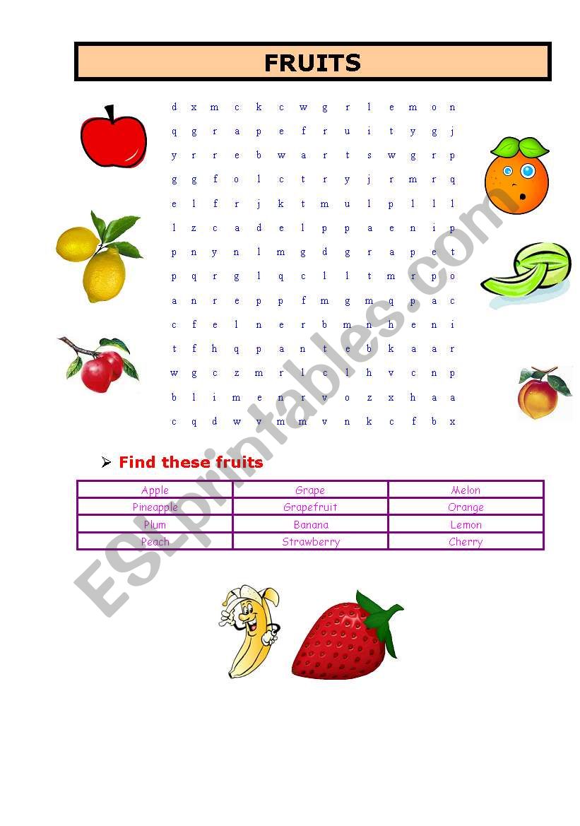 English worksheets: fruits word search