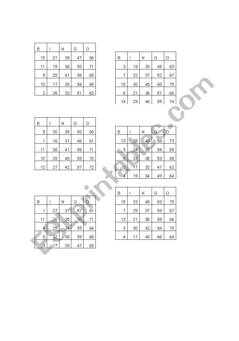 Bingo Cards worksheet