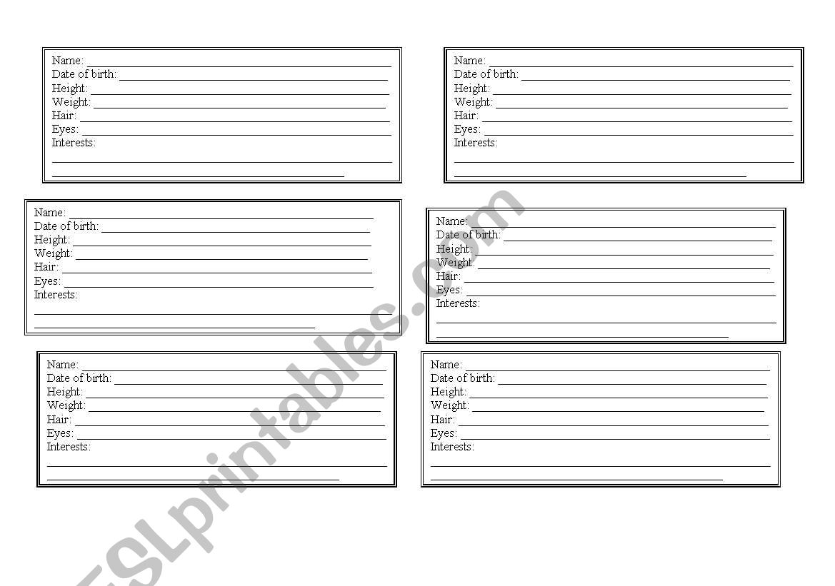 Information Cards worksheet