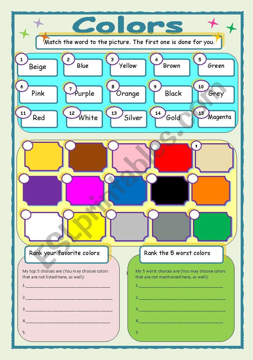 Colors ESL Worksheet By Redcamarocruiser