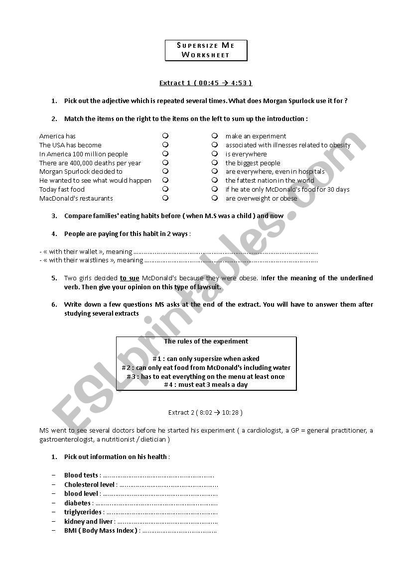 Supersize Me Worksheet ESL worksheet by Desperate Housewife