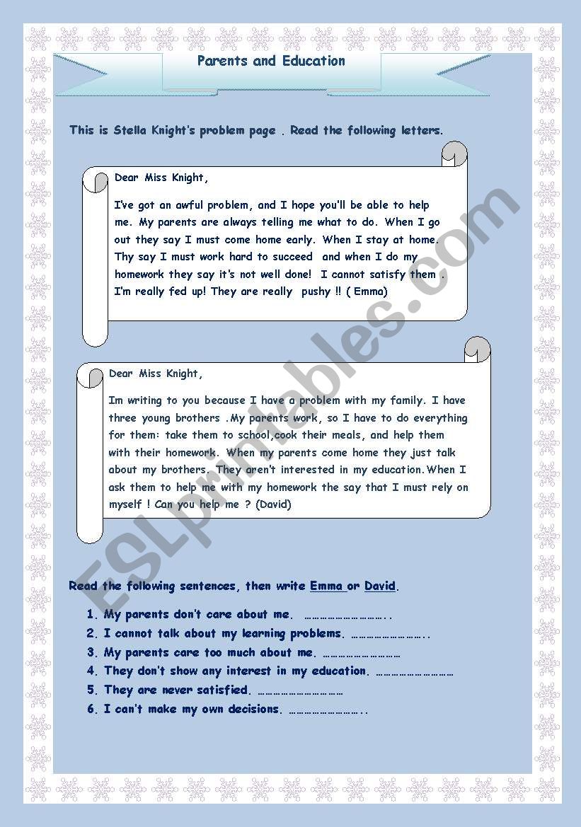 Parents and children worksheet