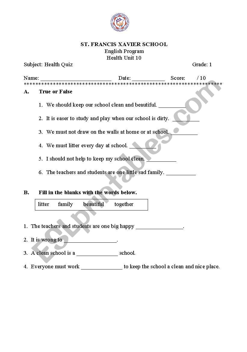 Health eating worksheet