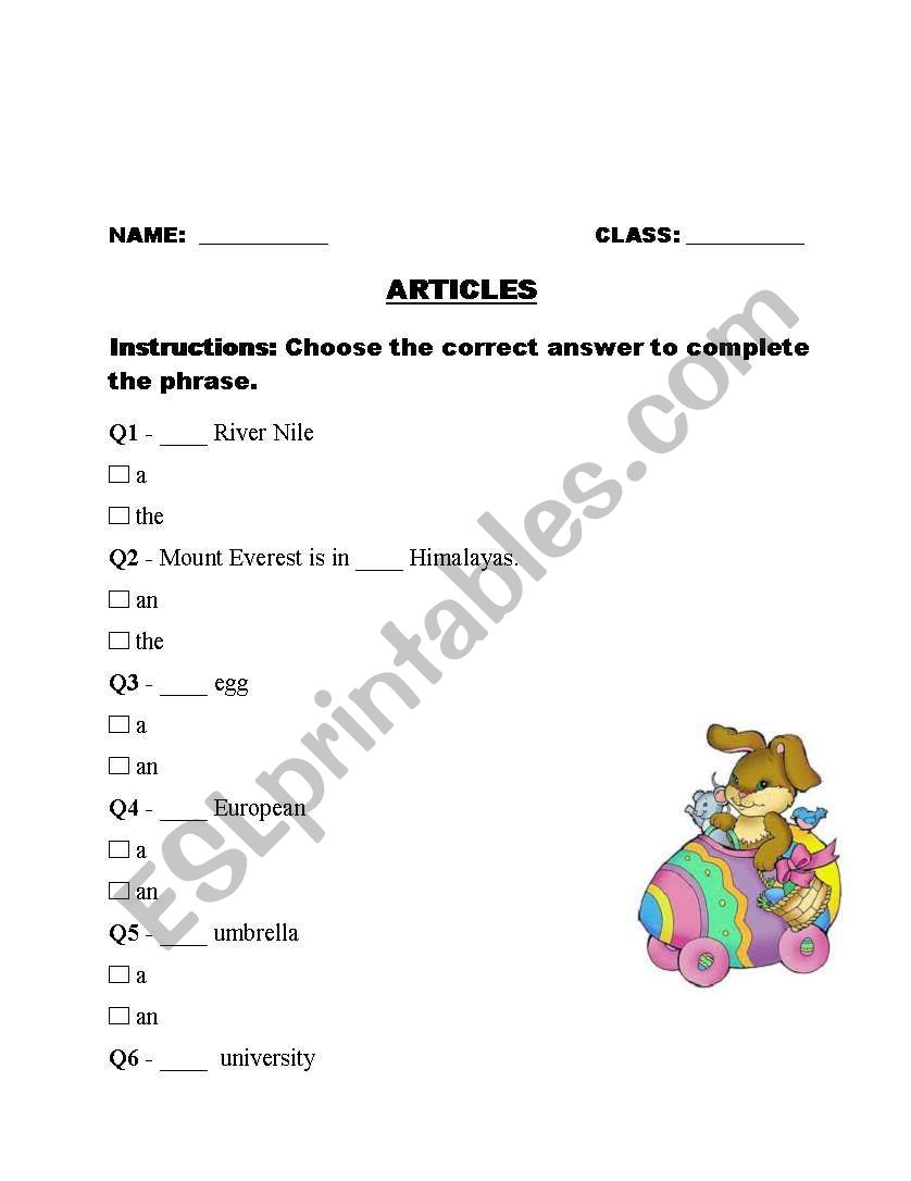 ARTICLES worksheet