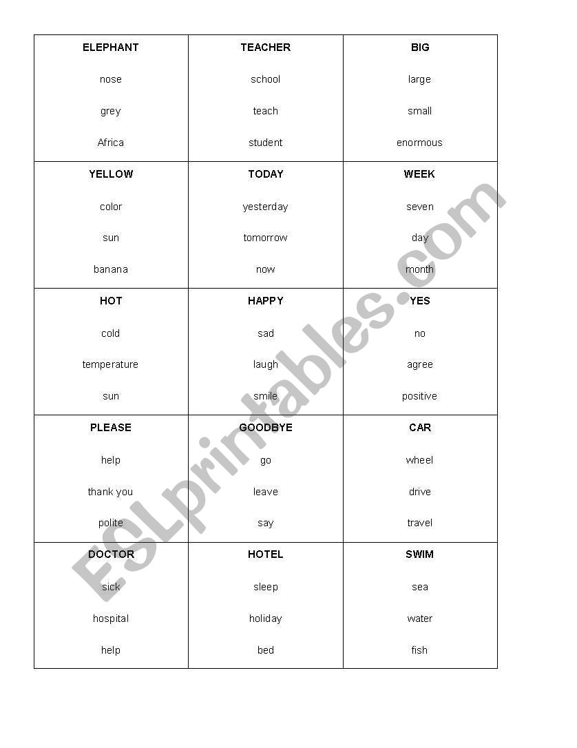 Taboo Game Cards worksheet