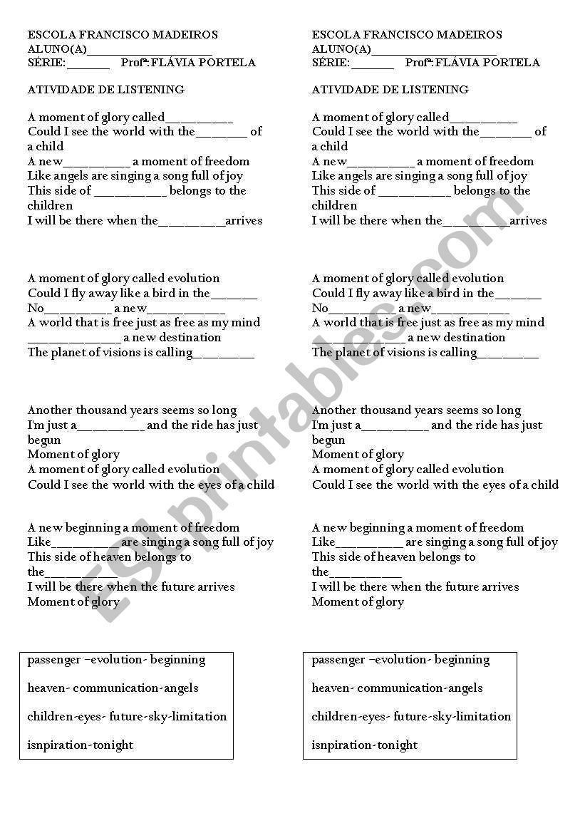 LISTENING: MOMENT OF GLORY worksheet