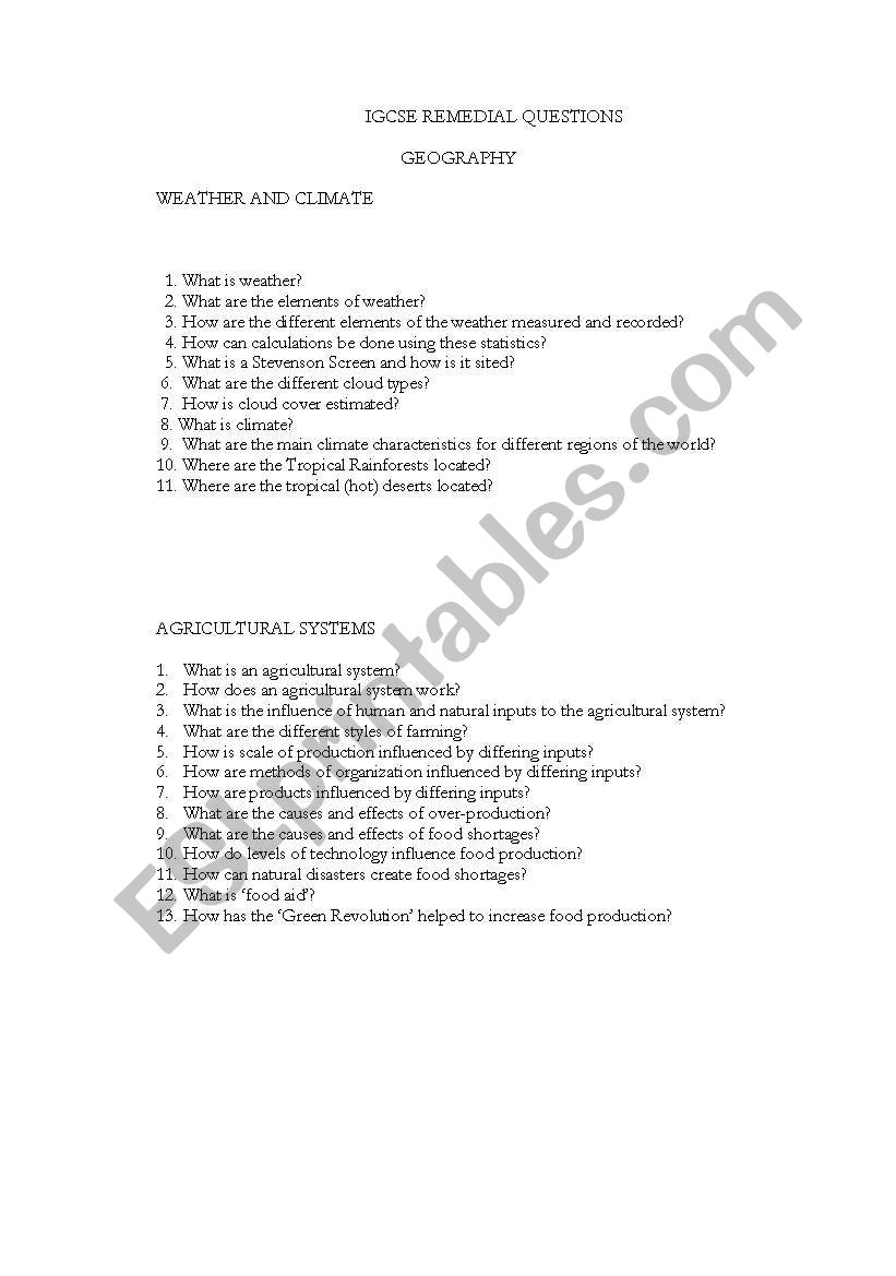 Remedial questions worksheet