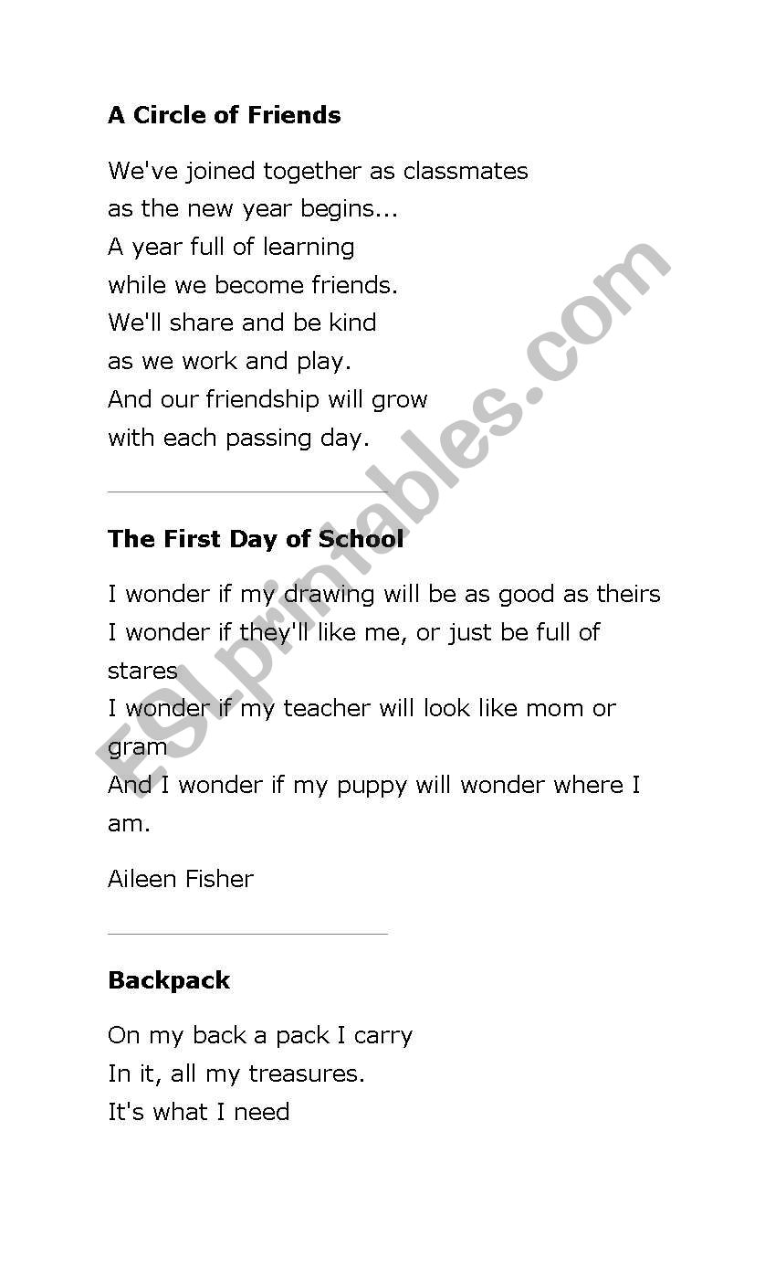 The First day Poem worksheet