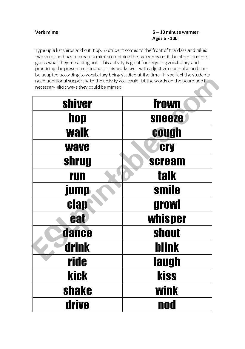 Verb Mime worksheet