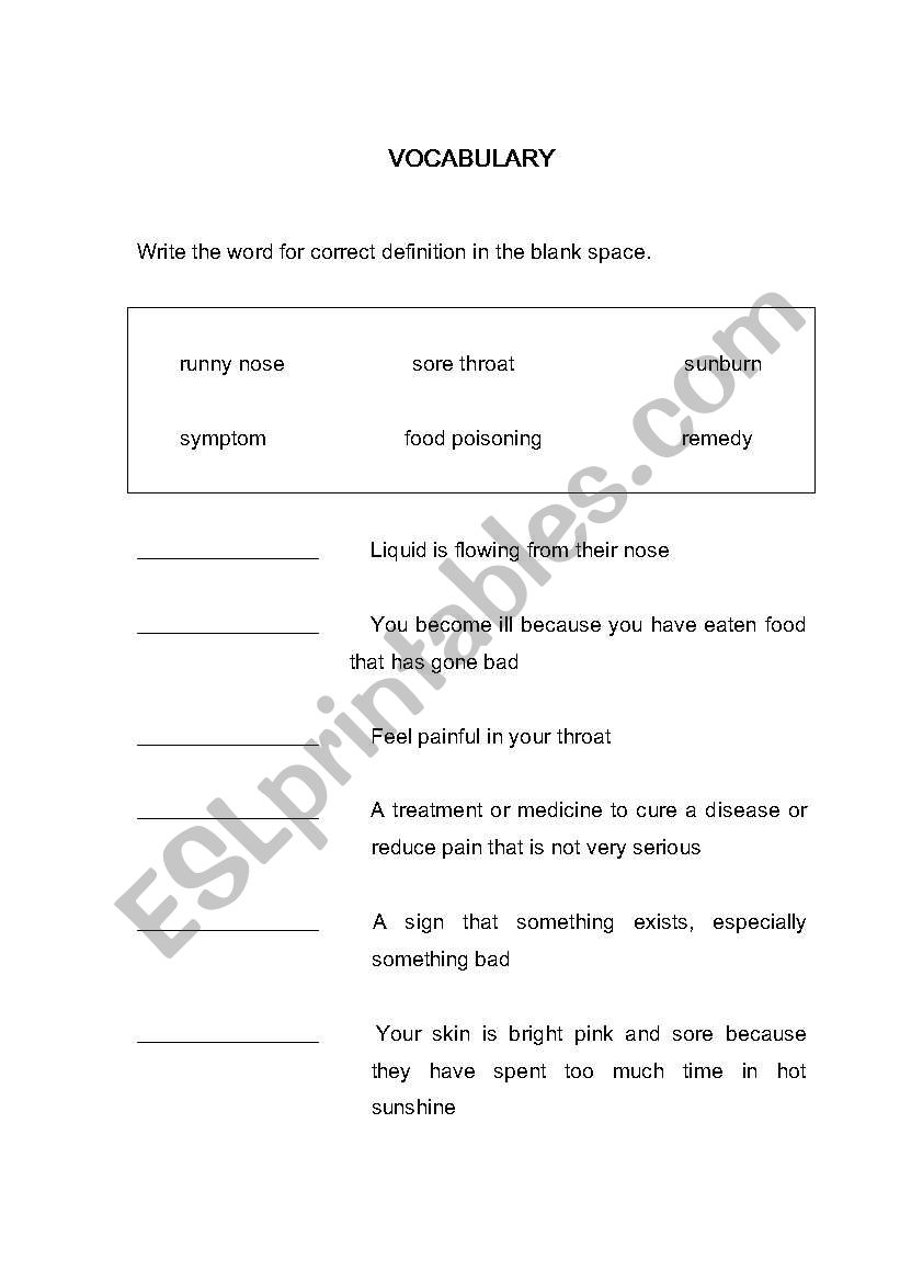 vocab for cold symtoms worksheet