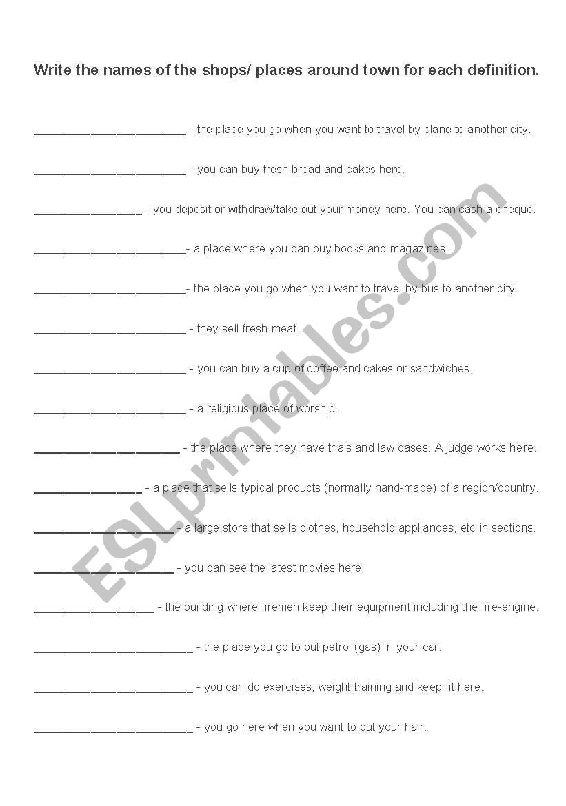 shops and places worksheet