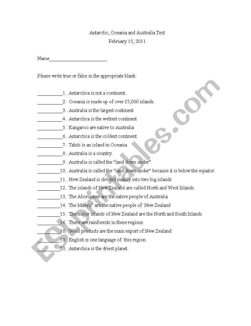 Quiz on Antartica worksheet