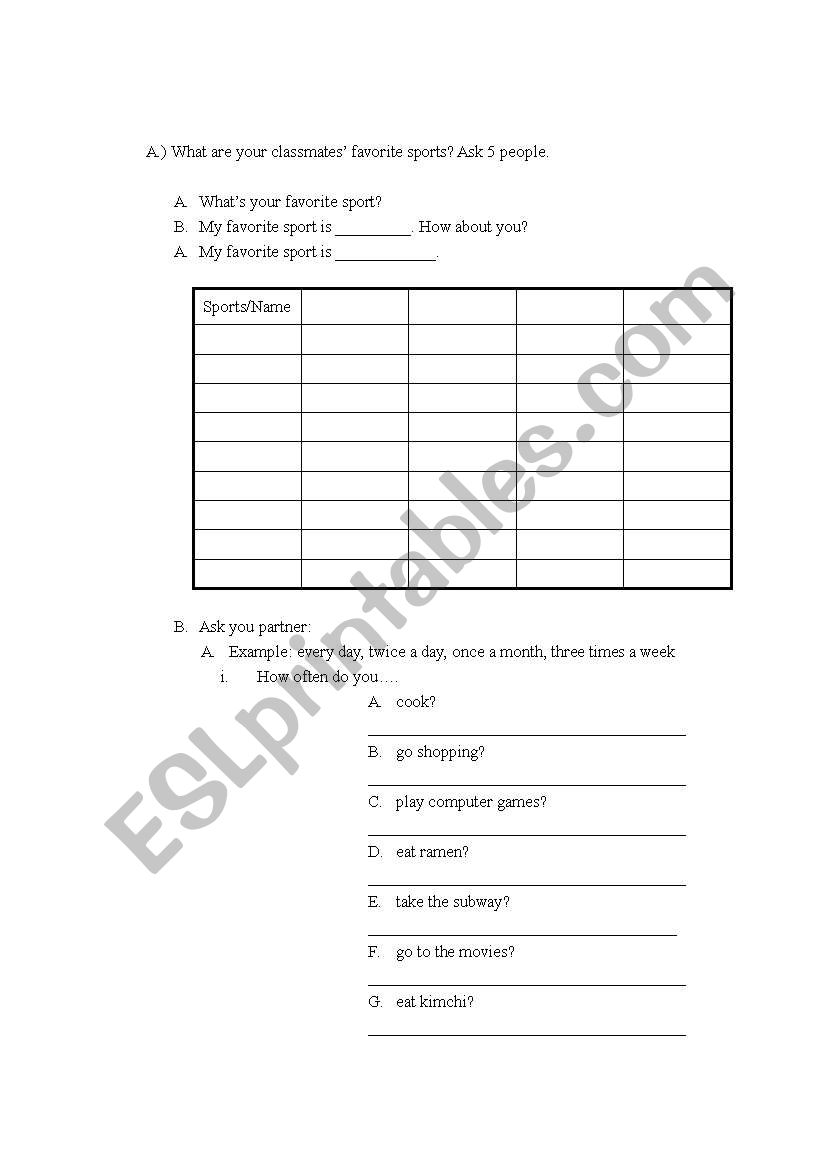 Favorite sports, how often... worksheet