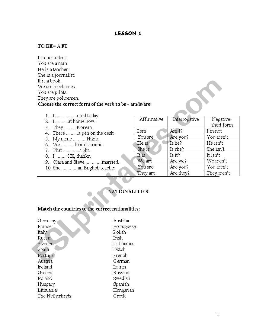 Introductory lesson worksheet