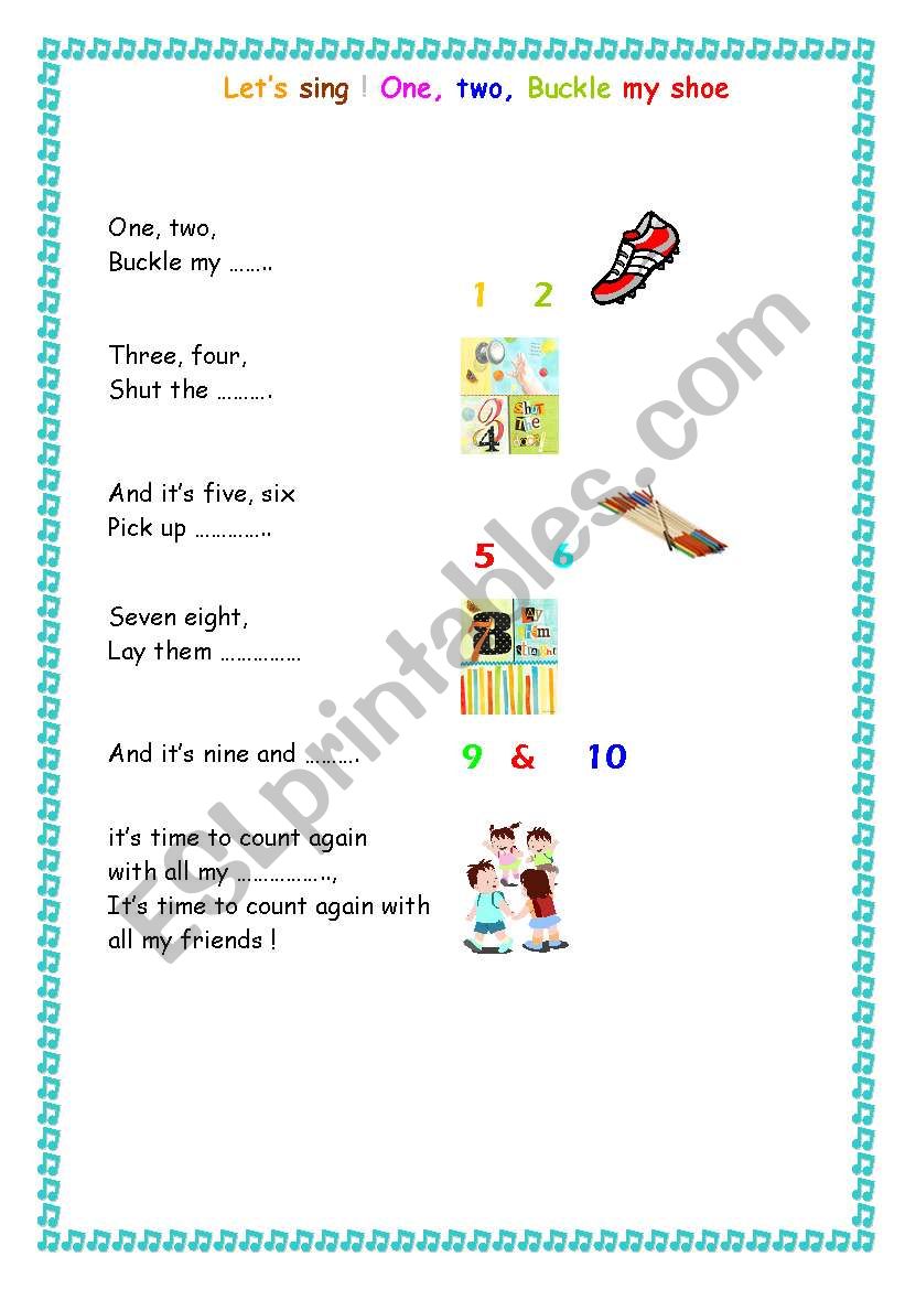 Song: One two buckle my shoe worksheet